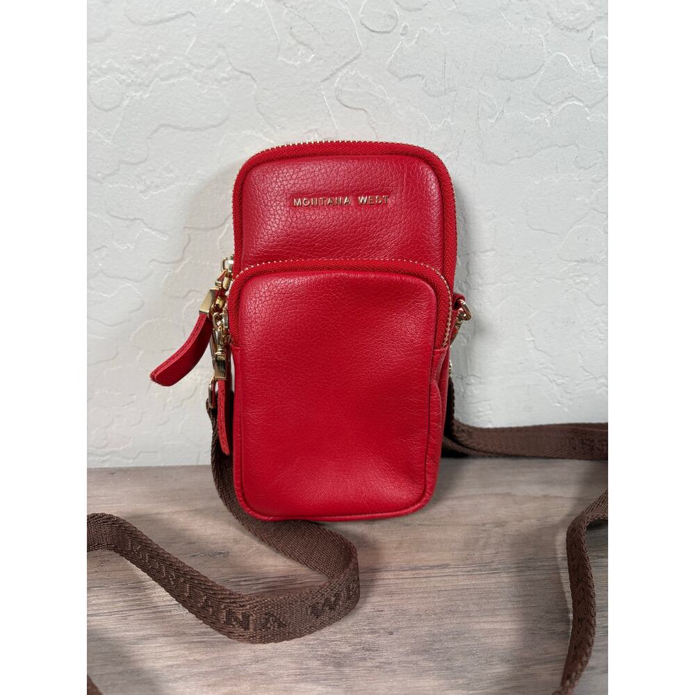 Montana West Genuine Leather Cellphone Crossbody Bag‎ Red Brown Strap